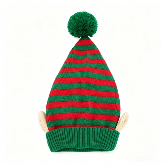 Christmas Knitted Hat with Puff Ball Unisex Striped Winter Hat for Men, Women Stretchy Santa Hat for Holiday Parties, Costume, Daily Wear Dark Green