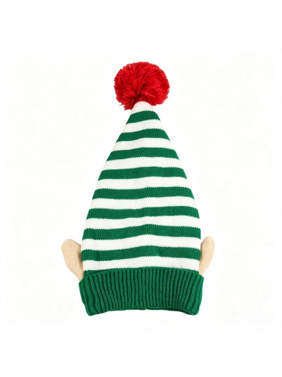 Christmas Knitted Hat with Puff Ball Unisex Striped Winter Hat for Men, Women Stretchy Santa Hat for Holiday Parties, Costume, Daily Wear Green