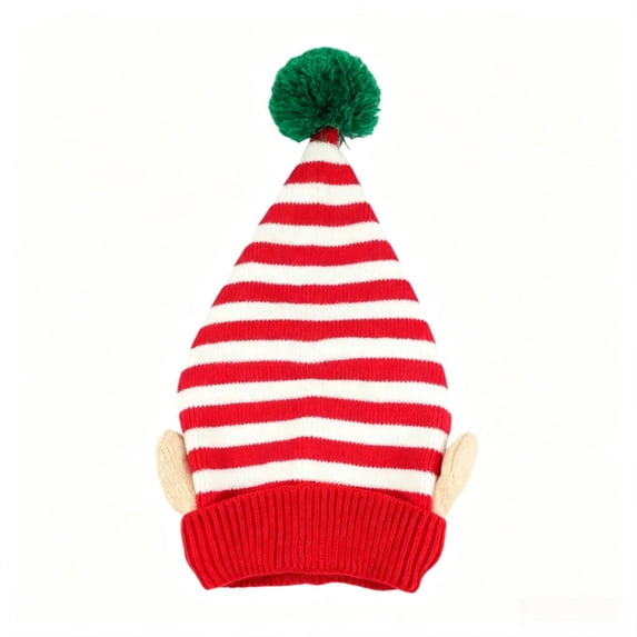 Christmas Knitted Hat with Puff Ball Unisex Striped Winter Hat for Men, Women Stretchy Santa Hat for Holiday Parties, Costume, Daily Wear Red