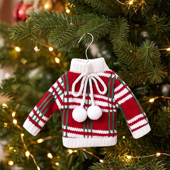 Christmas Knitted Ornaments, Mini Sweater and Santa Hat Hanging Decor for Christmas Tree, Polyester Holiday Outfit Decorations for Mantel Wreath Window Home Party Decoration