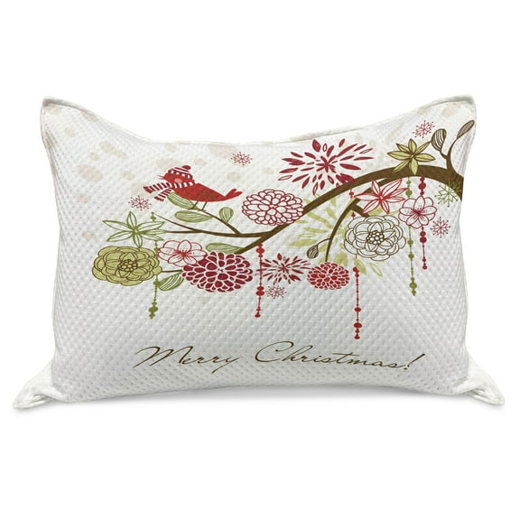 Christmas Knitted Quilt Pillowcover, Floral Winter Red Bird Hat and Scarf on Blooming Tree Nature Inspired, Standard King Size Pillow Cover for Bedroom, 30" x 20", Green White, by Ambesonne