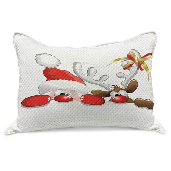 Christmas Knitted Quilt Pillowcover, Funny Christmas Santa Claus and Reindeer Peeking Cartoon Style Humor, Standard King Size Pillow Cover for Bedroom, 30" x 20", Vermilion Caramel White, by Ambesonne