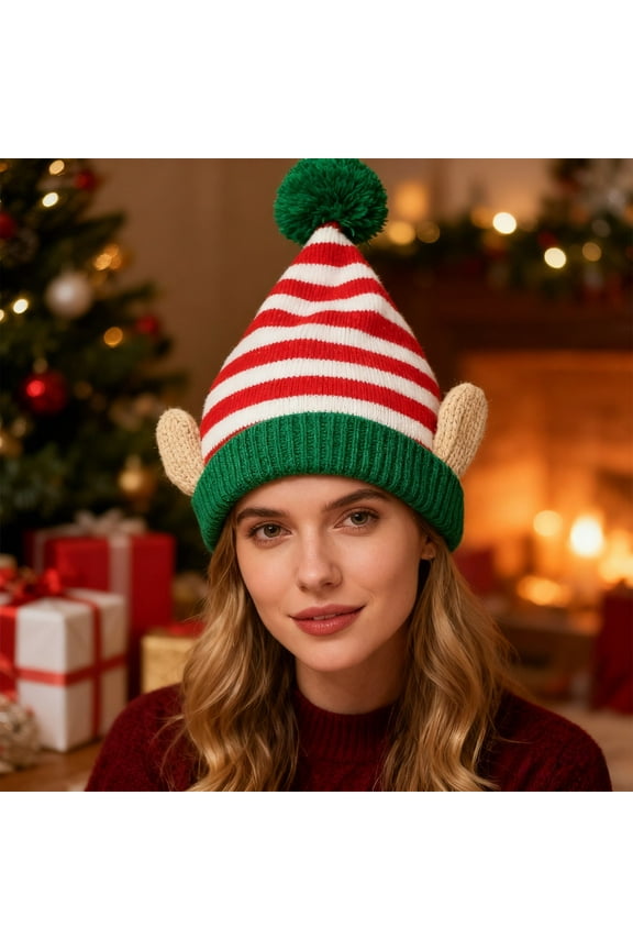 Christmas Knitted Santa Hats Red and Green Beanie Hat, Elfs Hat Christmas Hat Beans Winter Hat with Puff Hook Hat, Soft Acrylic Yarn Warm Hat for Holiday Parties Family Gatherings, for Men and Women