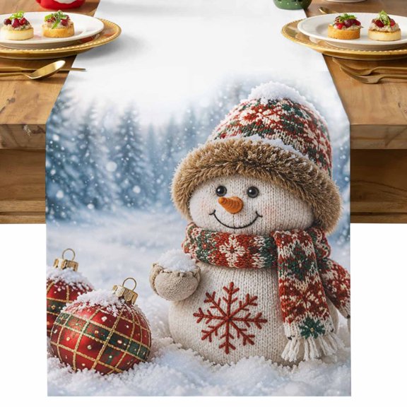 Christmas Knitted Snowman Table Runner 13x36 Inch Cottagecore Winter Snowy Forest Cotton Linen Dining Table Runner Ideal for Dresser Kitchen Coffee Tables - Machine Washable
