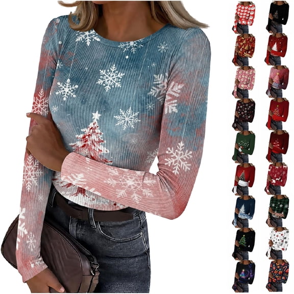 Christmas Knitted Tops Women Crew Neck Long Sleeve Xmas Print Tunic Blouse Stretchy Casual Holiday Ribbed Shirts (M, Multicolor)