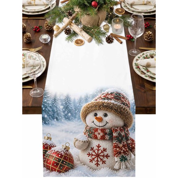 Christmas Knitting Snowman Table Runner, Winter Xmas Ball Snowflake Washable Cotton Linen Table Runners 36 Inches Long, Dresser Scarf Runner for Nightstand/End Tables/Round Tables 13''x36''