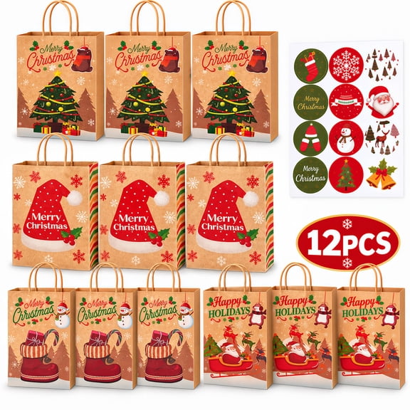 Christmas Gift Bags,MOJINO 12 Pack Reusable Christmas Gift Bags with Handles - Christmas Bags Paper Bags with Handles, Xmas Goodie/Holiday/New Year Party Packaging & Decor