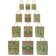 Christmas Kraft Gift Bags with Foil Embellishments 4 Assortment Sizes Heavy Duty, 12 Pack