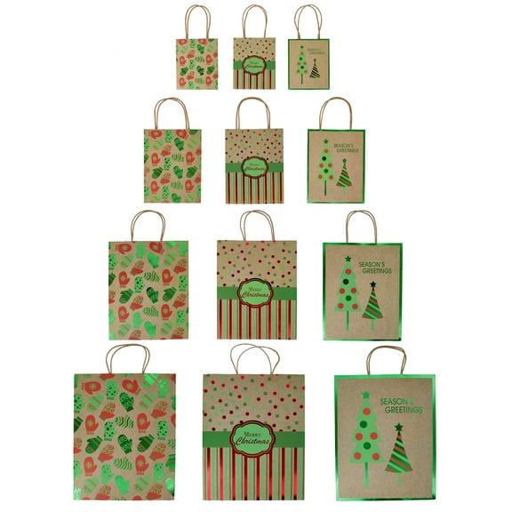 Christmas Kraft-Like with Foil Gift Bags Assortment set(Heavy Duty), 12 Pack