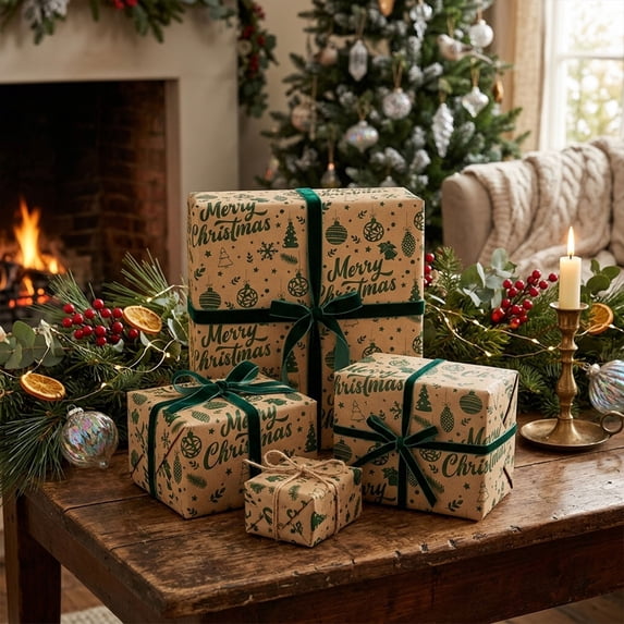 Christmas Kraft Wrapping Paper Roll, Thick Recyclable Gift Wrap Paper For Holiday Birthday Party Present Packaging,17*118in.V