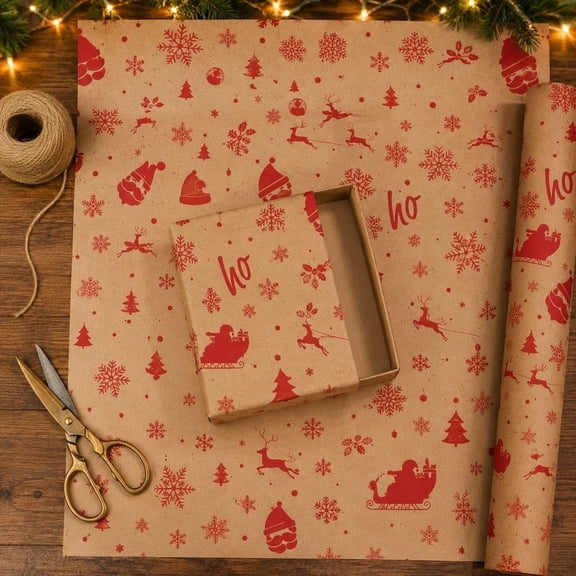 Christmas Kraft Wrapping Paper Roll, Vintage Holiday Gift Wrap, Recyclable Thick Kraft Paper for Present Wrapping, Rustic Jute Twine Included​, E