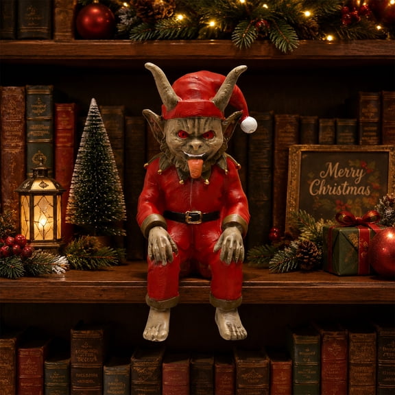 Christmas Krampus Figurine, Horned Holiday Devil in Santa Suit for Mantel Shelf Desk and Gothic Winter Home Display, 5.82 in