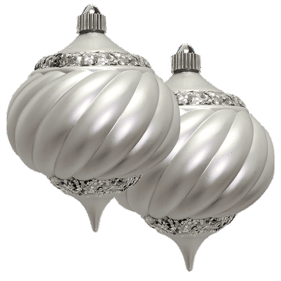 Christmas By Krebs 6" (150mm) Ornament, [2 Pieces], Commercial Grade Indoor and Outdoor Shatterproof Plastic, Water Resistant Onion Shape Ornament Decorations (Silver Swirl Onion Finial with Glitter)