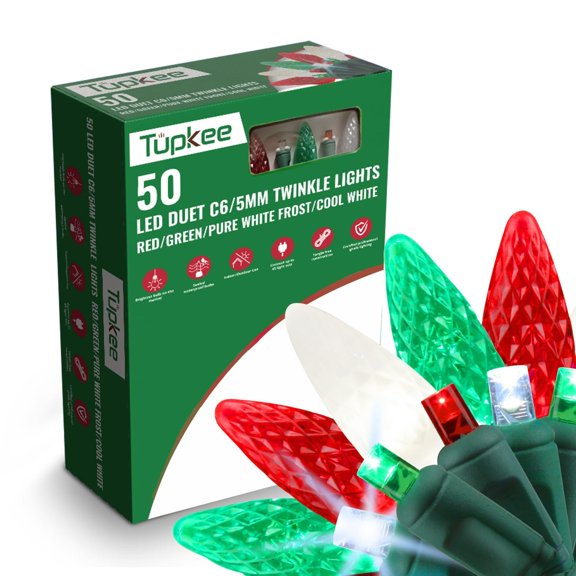 Christmas LED Duet C6/5mm Twinkling Lights  8 of 50 Lights Twinkle, Professional Grade Indoor Outdoor, 24.5 Feet Sparkling Light String, 50 Red, Green & White LED Bulbs - Christmas Tree Holiday Decor