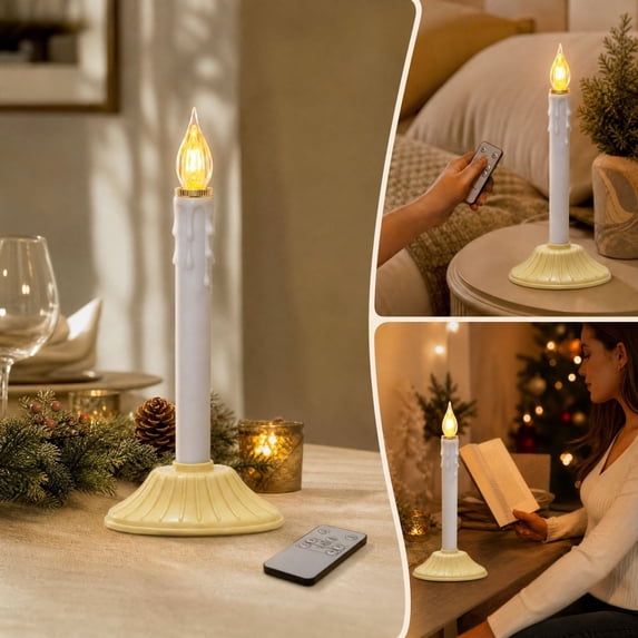 Christmas LED Electronic Taper Candle Light with Base, Remote‑Controlled Flameless Candle with Dripping Wax Effect for Holiday, Wedding and Vintage‑Style Home Decor