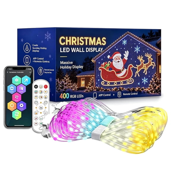 Christmas LED House Net Smart Outdoor Wall Curtain Light RGB String Fairy, 400 Lights App Remote Control Color Changing Pixel DIY Animated Decor