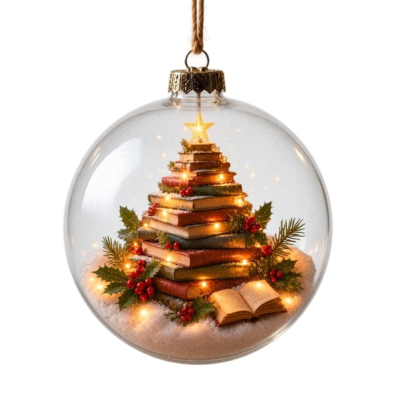 Christmas LED Lighted Glass Ball Ornaments, Clear Hanging Globe with Storybook Scene , Gold Cap Rope Hanger for Xmas Tree Wreath Mantel Holiday Decor Gift