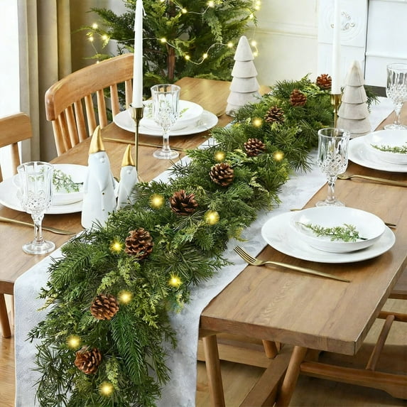 Christmas LED Lighted Pine Needle Garland 150cm, Artificial Pine Cones Pine Branch Vine, Plastic Multicolor Holiday Mantel Stair Wall Indoor Outdoor Decoration Multicolor