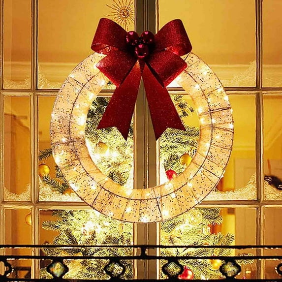 Christmas LED Metal Wreath With Large Bow - Festive Door Hanging Decor for Home Holiday Celebrations Warm Glowing Lights Durable Metal Wreath Ornament, Gold, 1pc