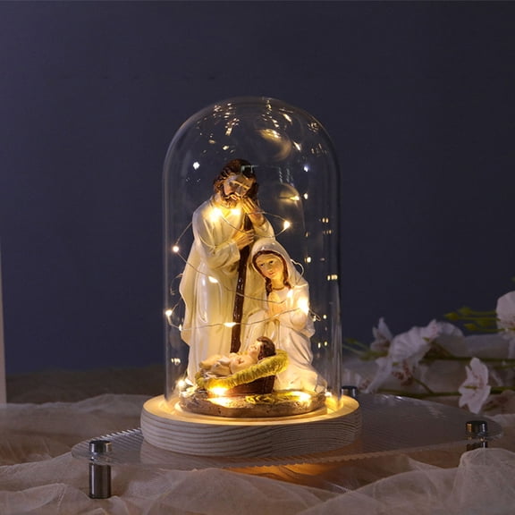 Christmas LED Nativity Scene Glass Wood Resin Lighted Ornament Battery Operated Holy Nativity Display Decorative Sculpture Religious Home Decor Holiday Centerpiece Gift