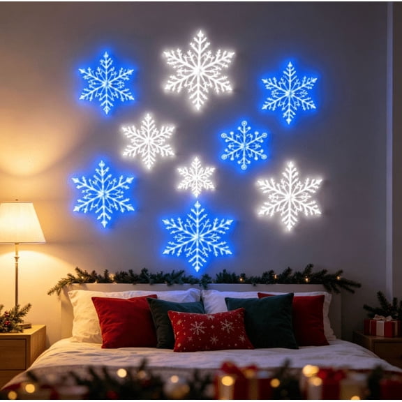 Christmas LED Snowflake Wall Set 2026, Light-Up Snowflake Christmas Decor,White & Blue Back lit Peel and Stick Entryway Glow