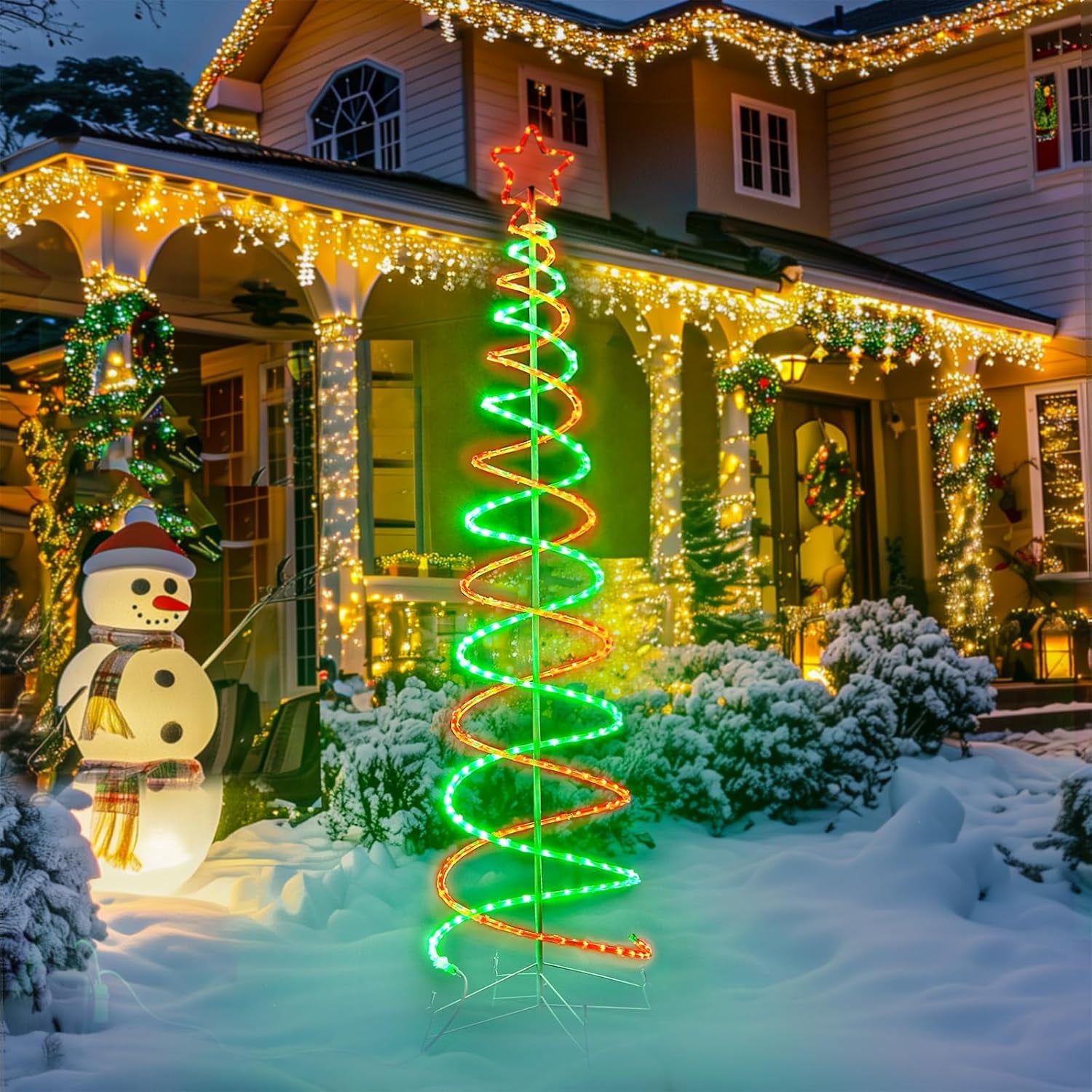 Christmas LED Spiral Tree Lights 7ft, Green and Red Dual Spiral Tree Light Outdoor Indoor Holiday Decor, 8 Dynamic Lighting Effect ETL Listed Lighted Artificial Tree for Garden Pathway, 259LEDs