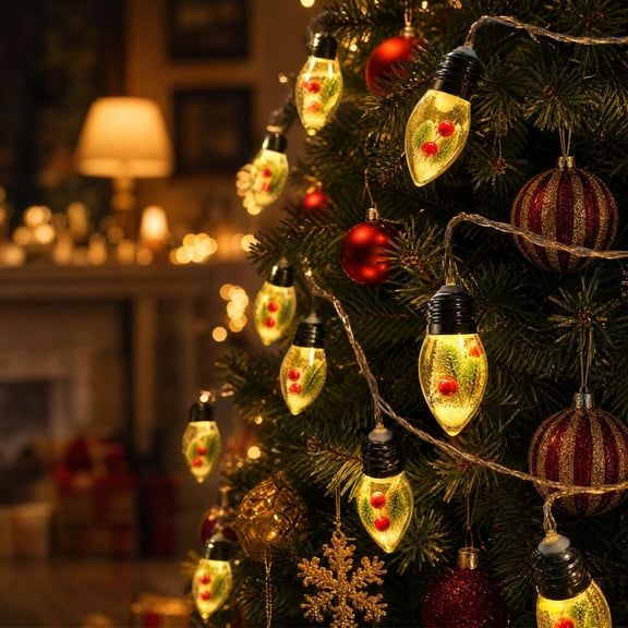 Christmas LED String Lights with Christmas Scene Bulbs, 6.56ft 10-Lights Battery Operated Fairy Lights with Xmas Tree Designs for Tree, Window & Party Decor