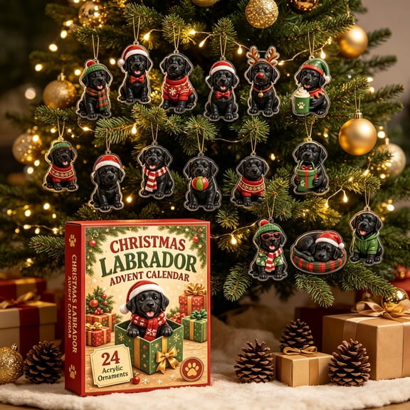 Christmas Labrador Advent Calendar 2026, 24 Acrylic Dog Ornament Charms with Festive Outfits & Christmas Accessories, Ready to Hang HD Print Black Lab Hanging Decor for Dog Lovers Holiday Tree Gift