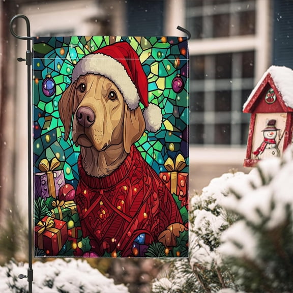 Christmas Labrador Dog Garden Flag, Double Sided Stained Glass Winter Design, Vertical Canvas House Flag for Outdoor Yard, 12 x 18 Inch