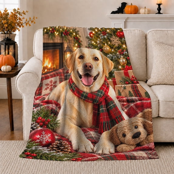 Christmas Labrador Pet Photo, Festive Pet Portrait Pattern, Warm Flannel Blanket for Living Room and Bedroom with Detailed Artwork, Dog Lovers Christmas Gift, Pet Lover Home Decor