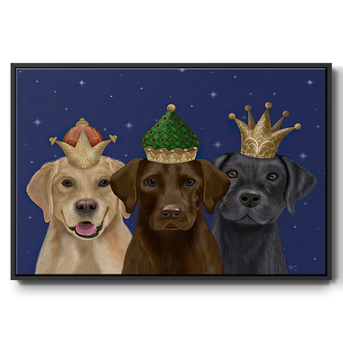 Christmas Labradors, Three Kings - Framed Gallery Wrapped Holiday Canvas - 25 x 37 - Black Frame