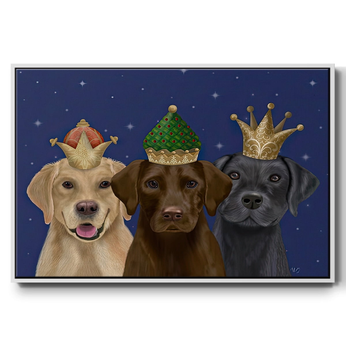Christmas Labradors, Three Kings - Framed Gallery Wrapped Holiday Canvas - 25 x 37 - White Frame