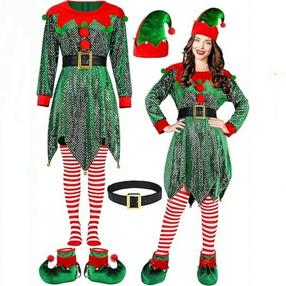 Christmas Lady Sequined Party Performance Dress for Holiday Events and Stage Shows, Sparkling Women's Costume Dress with Long Sleeve and Festive Design,Green,L