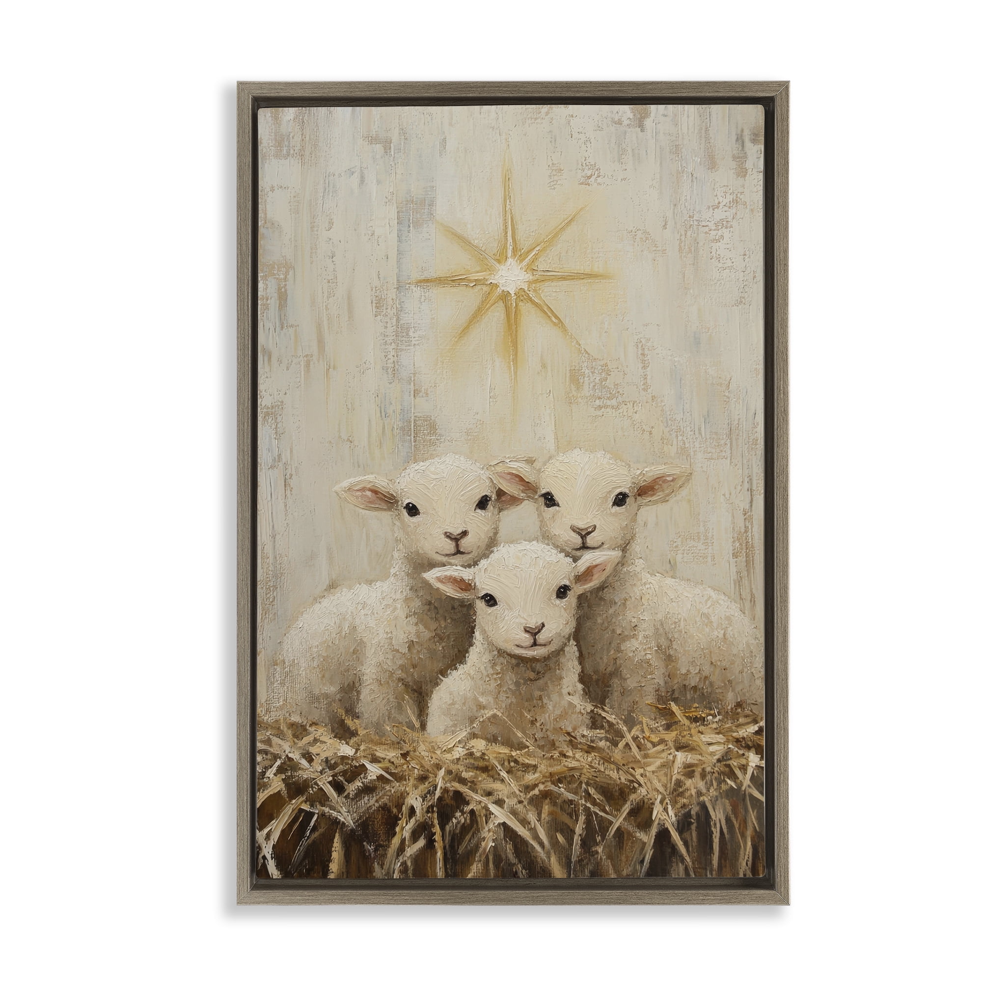 Christmas Lambs Trio Brown Framed Floater Canvas Wall Art, design by Petal Prints Design