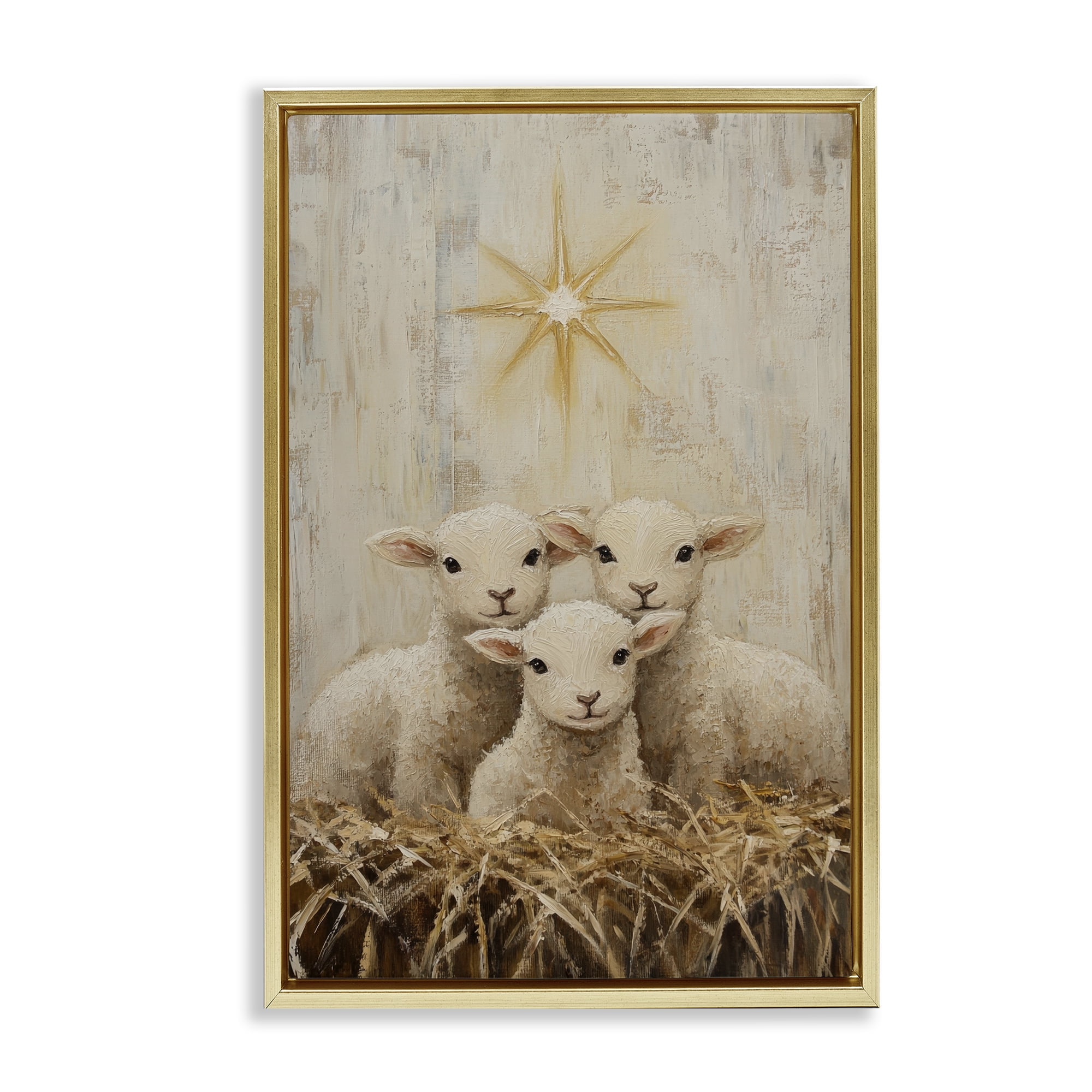 Christmas Lambs Trio Gold Framed Floater Canvas Wall Art, design by Petal Prints Design