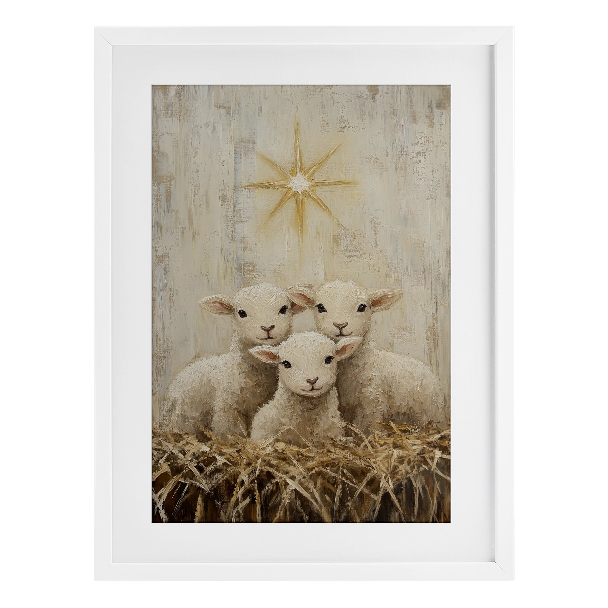 Christmas Lambs Trio White Framed Print Under Glass, design by Petal Prints Design
