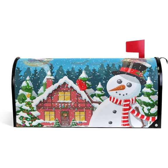 Christmas Landscape Tree Snowman Santa Sleigh Reindeers Magnetic Mailbox Cover for Standard Mailboxes