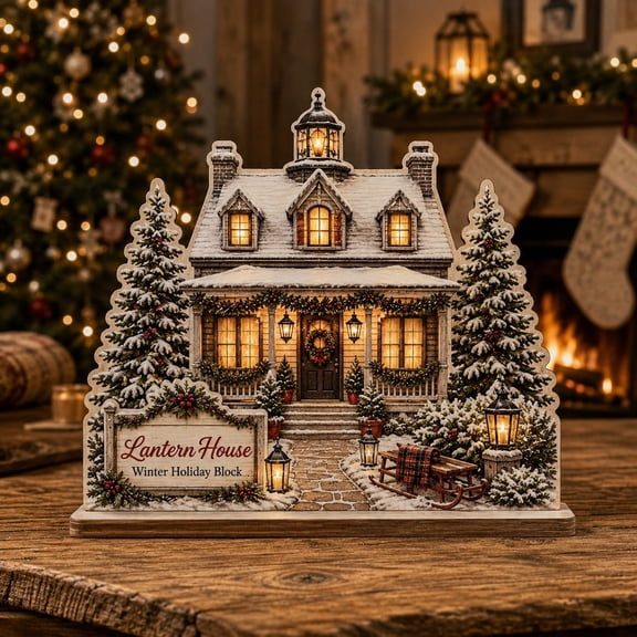 Christmas Lantern House Wooden Block for Winter Mantel Decor