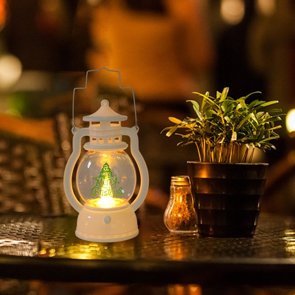 Christmas Lantern LED Decorative Light, Portable Vintage Holiday Lantern with Santa Snowman Christmas Tree Design, Warm Glow Tabletop Ornament for Home Party Mantel Holiday Decor