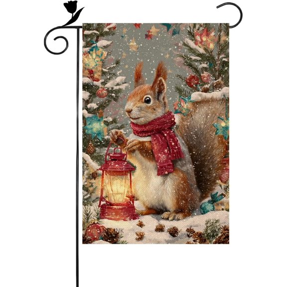 Christmas Lantern Squirrel Garden Flag Double Sided Linen 12x18 Inch Small Yard House Flag for Outdoor Home Decoration