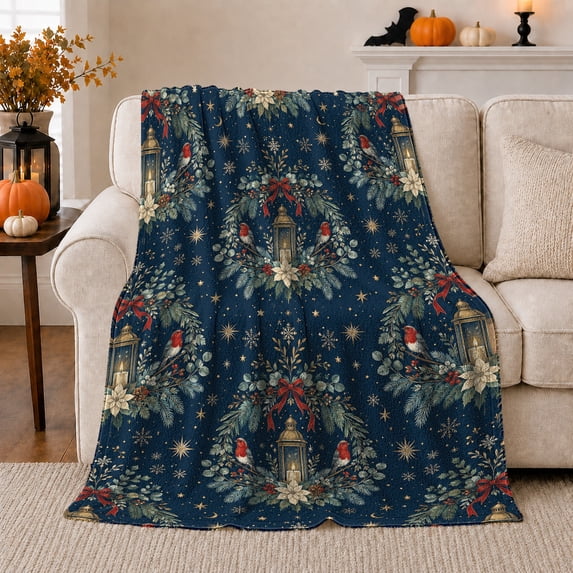 Christmas Lanterns Cardinals, Festive Holiday Scene, Warm Flannel Blanket for Living Room and Reading Nook with Detailed Artwork, Art Lovers Christmas Gift, Festive Home Decor