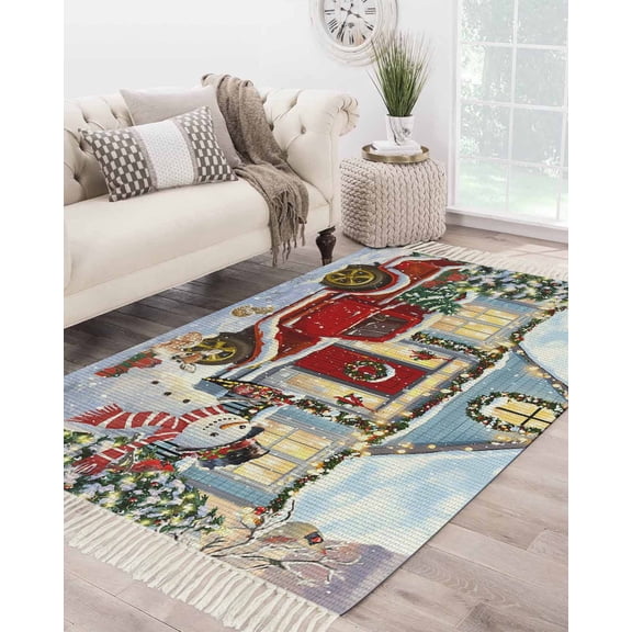 Christmas Large Area Rug 4x6ft Woven Runner Rug,Farmhouse Xmas Snowman Truck Tree Washable Living Room Bedroom Kitchen Bathroom Classroom Carpet with Tassels,Indoor Outdoor Throw Door Mat