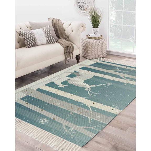 Christmas Large Area Rug 4x6ft Woven Runner Rug,Winter Elk Blue Forest White Trees Snowflakes Washed Living Room Bedroom Kitchen Bathroom Classroom Carpet with Tassels,Indoor Outdoor Throw Door Mat