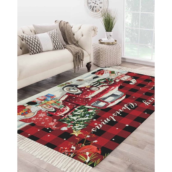 Christmas Large Area Rug 4x6ft Woven Runner Rug,Winter Red Truck Xmax Cardinal Gnomes Gifts Washable Living Room Bedroom Kitchen Bathroom Classroom Carpet with Tassels,Indoor Outdoor Throw Door Mat