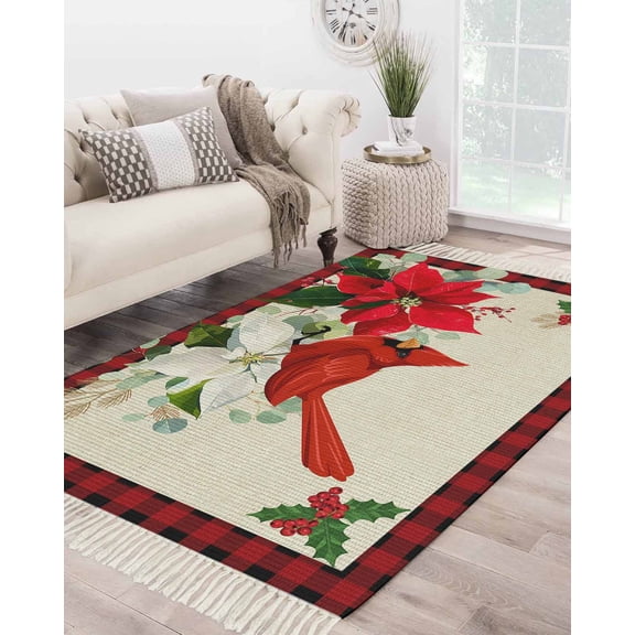 Christmas Large Area Rug 4x6ft Woven Runner Rug,Xmas Birds Berry Botanical Plaid Washable Living Room Bedroom Kitchen Bathroom Classroom Carpet with Tassels,Indoor Outdoor Throw Door Mat