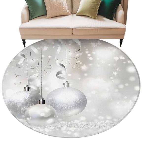 Christmas Large Area Rugs for Bedroom Living Room, Soft Non Slip Carpet Bedside Rug, Xmas Silver Balls Glitter Sparkle Stars Round Floor Cover Kitchen Accent Rug 6' for Dining Room/Office