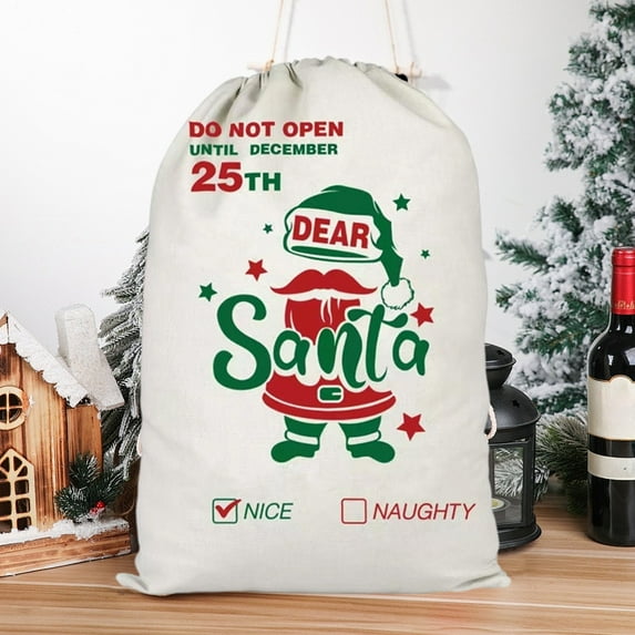 Christmas Large Drawstring Gift Bag, Santa Claus Holiday Party Favor Storage Sack with Bells for Candy Accessories