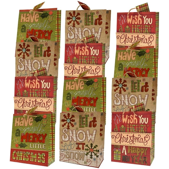 Christmas Large Gift Bags, 12 Pack, Quilted & Stitched Series