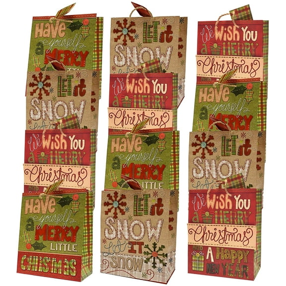 Christmas Large Gift Bags, 12 Pack, Quilted & Stitched Series