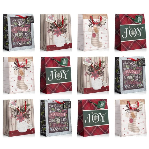 Christmas Large Holiday Gift Bags with Foil Hot Stamps or Glitter(Pack of 12)